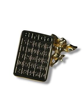 Lucky Romantic Angel Kitschy Gold-tone Cherub Miniature Bingo Card Brooch Pin 1”